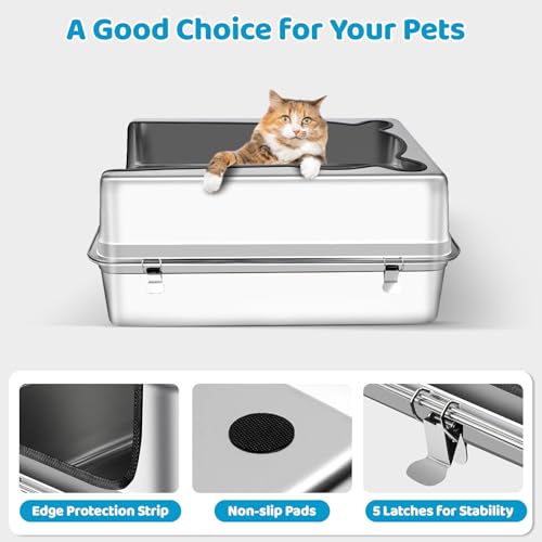 Bartuke Extra Large Stainless Steel Cat Litter Box, 27.5" L x 19.7" W x 12" H XXXL Semi Enclosed Removable Metal Litter Tray with High Sided Enclosure, Scoop, Anti-Leakage, Non-Sticky, Easy Cleaning - Image 3