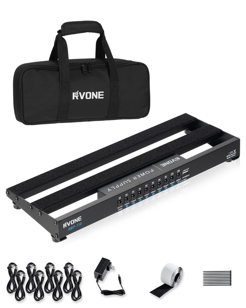 RVONE Guitar Pedal Board with Power Supply, 10 Isolated Outputs Aluminum Alloy Portable Board with Bag, Compact Mini Powered Pedalboard for Guitar Effects (14.5"x5.2", Black) - Image 1