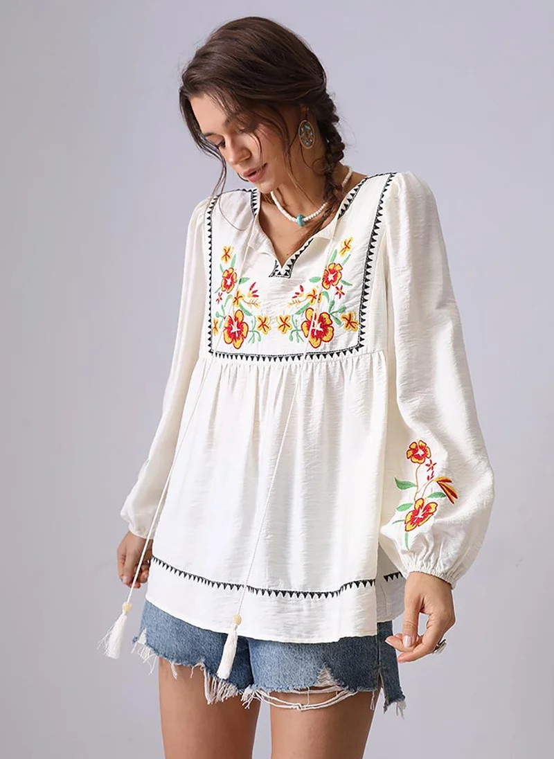 YUNIQEE Apricot V-Neck Long Sleeves A-Line Top