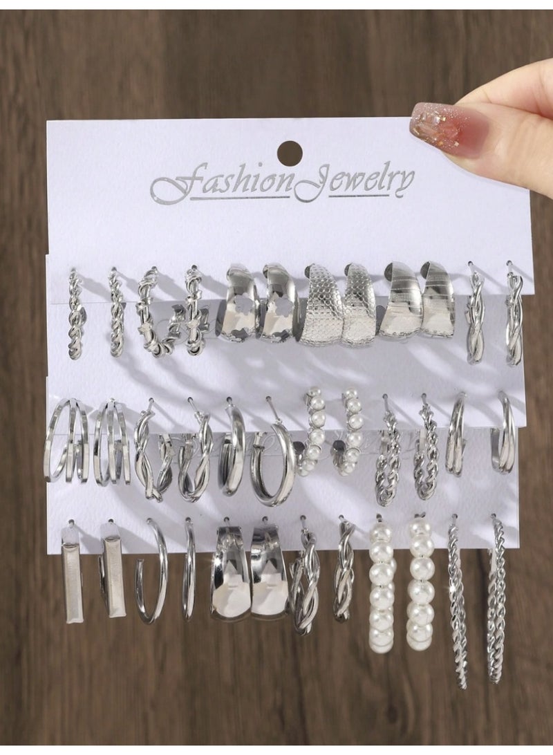 طقم أقراط نسائية بوهيمية فاخرة (18 زوج) بتصاميم لؤلؤ وسداسي الشكل - Image 3