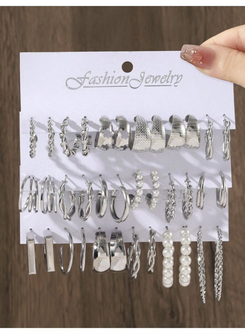 طقم أقراط نسائية بوهيمية فاخرة (18 زوج) بتصاميم لؤلؤ وسداسي الشكل - Image 1