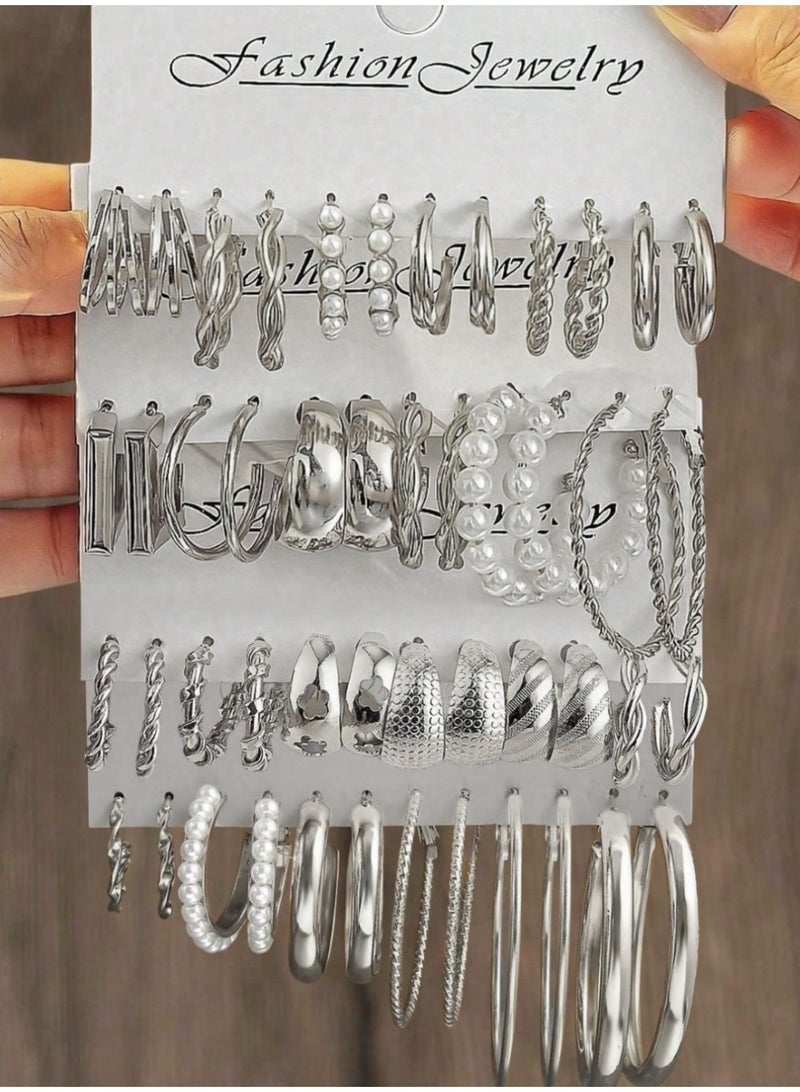 طقم أقراط نسائية بوهيمية فاخرة (18 زوج) بتصاميم لؤلؤ وسداسي الشكل - Image 2