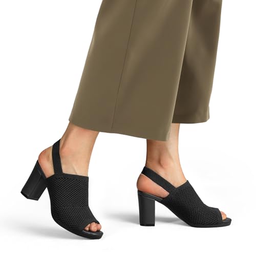 mysoft Women's Knit Chunky Block High Heels Elastic Slingback Open Toe 3 Inch Heeled Sandals,Black,8 W US - Image 5