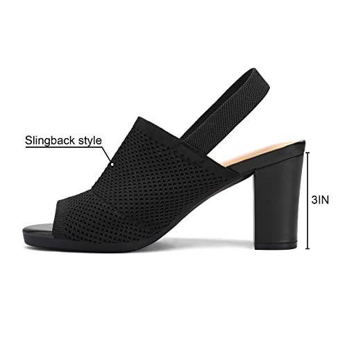 mysoft Women's Knit Chunky Block High Heels Elastic Slingback Open Toe 3 Inch Heeled Sandals,Black,8 W US - Image 2