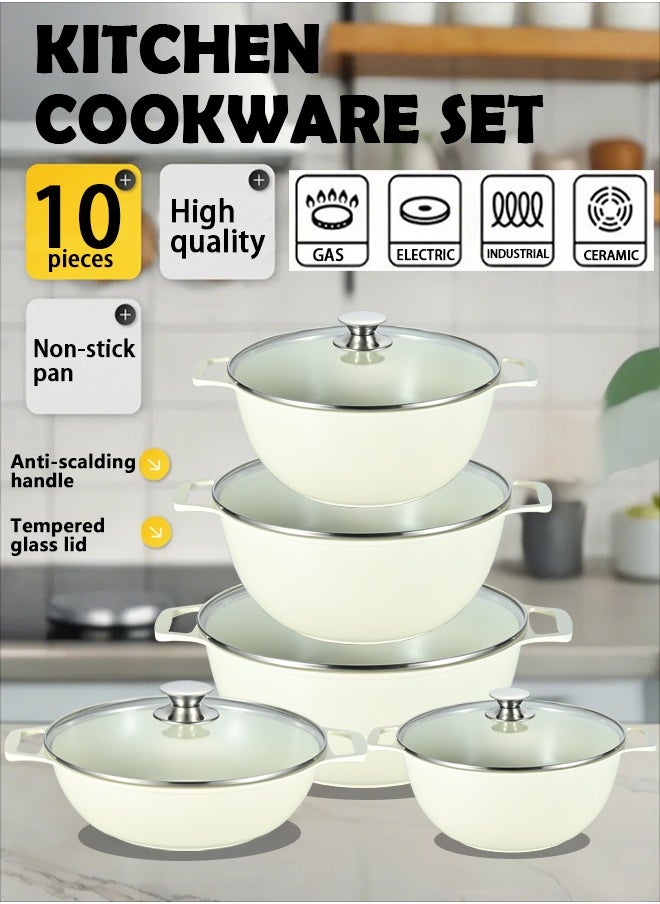 X spring 10-piece Granite Non-stick Cookware Set, 100% PFOA/PFO Free, 24/26/28/30cm Deep Stockpot + 28cm Shallow Stockpot, Scald-proof Handle and Tempered Glass Lid, Multi-person Cooking Kitchenware (White)  - Image 1