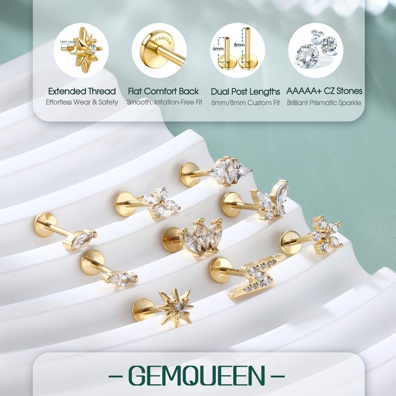 GEMQUEEN Pure Titanium Flat Back Earrings Studs 14K Gold Plated Hypoallergenic 3 Pcs 18G Internally Threaded Tragus Conch Helix Labret Piercing Jewelry for Sensitive Ears Women Men with 5A CZ - Image 5