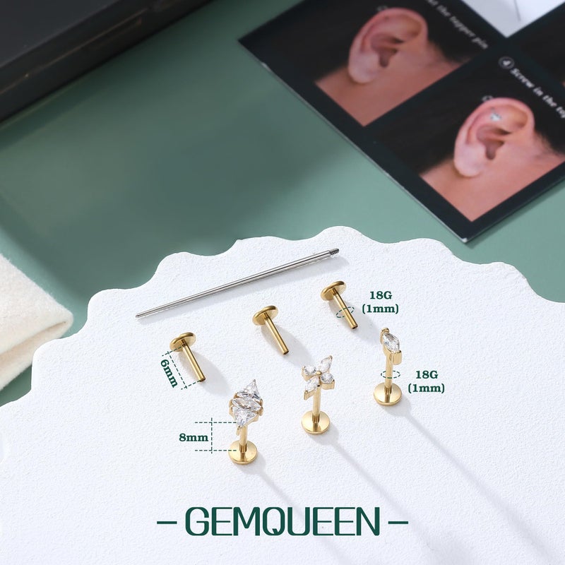 GEMQUEEN Pure Titanium Flat Back Earrings Studs 14K Gold Plated Hypoallergenic 3 Pcs 18G Internally Threaded Tragus Conch Helix Labret Piercing Jewelry for Sensitive Ears Women Men with 5A CZ - Image 3