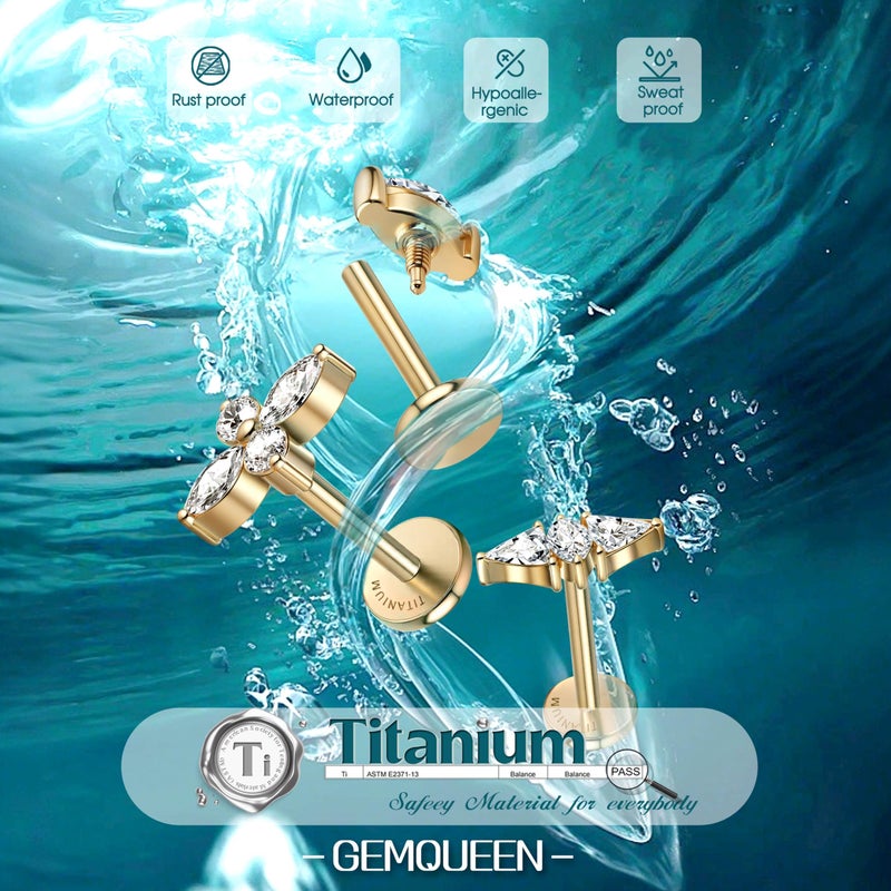 GEMQUEEN Pure Titanium Flat Back Earrings Studs 14K Gold Plated Hypoallergenic 3 Pcs 18G Internally Threaded Tragus Conch Helix Labret Piercing Jewelry for Sensitive Ears Women Men with 5A CZ - Image 4
