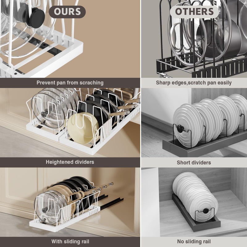 Magheo 2 Pack Pots and Pans Organizer Under Cabinet, 22" Deep Expandable Pull Out Pot Lid Organizer and Storage with 10 Adjustable Dividers No Drill Pot and Pan Holder Rack with Handle Bracket(White) - Image 4