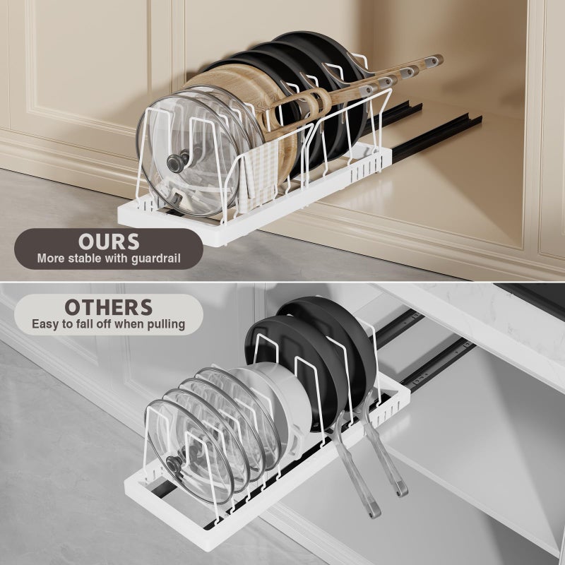 Magheo 2 Pack Pots and Pans Organizer Under Cabinet, 22" Deep Expandable Pull Out Pot Lid Organizer and Storage with 10 Adjustable Dividers No Drill Pot and Pan Holder Rack with Handle Bracket(White) - Image 5