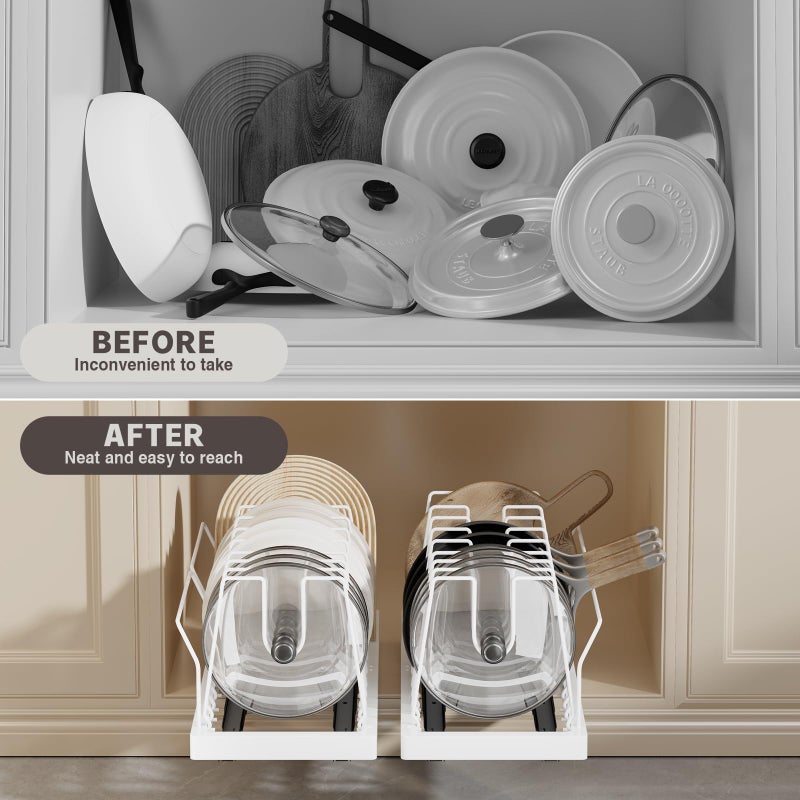 Magheo 2 Pack Pots and Pans Organizer Under Cabinet, 22" Deep Expandable Pull Out Pot Lid Organizer and Storage with 10 Adjustable Dividers No Drill Pot and Pan Holder Rack with Handle Bracket(White) - Image 3