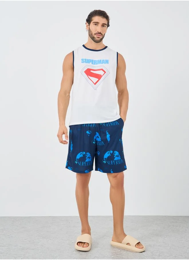 ستايلي Styli Superman Slogan Print Tank and Shorts Set