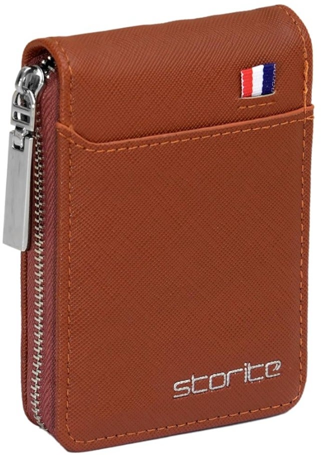 Storite PU Leather 9 Slot Vertical Credit Debit Card Holder Money Wallet Zipper Coin Purse for Men Women - LightBrown (11.5 x 1.75 x 8 cm) - Image 1
