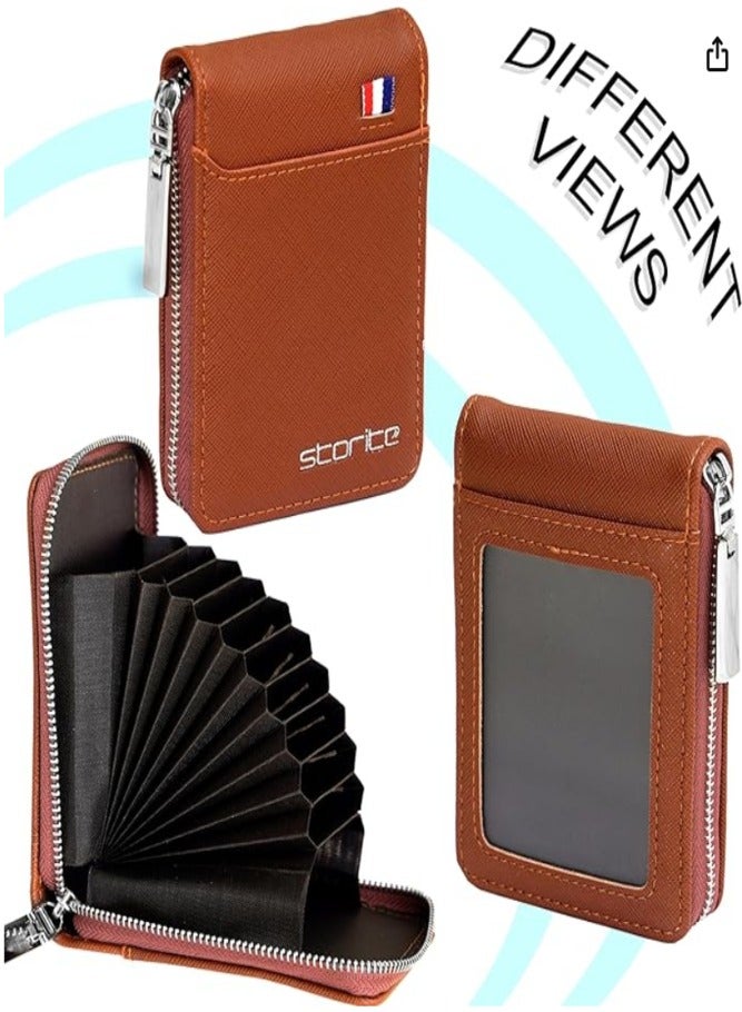 Storite PU Leather 9 Slot Vertical Credit Debit Card Holder Money Wallet Zipper Coin Purse for Men Women - LightBrown (11.5 x 1.75 x 8 cm) - Image 3