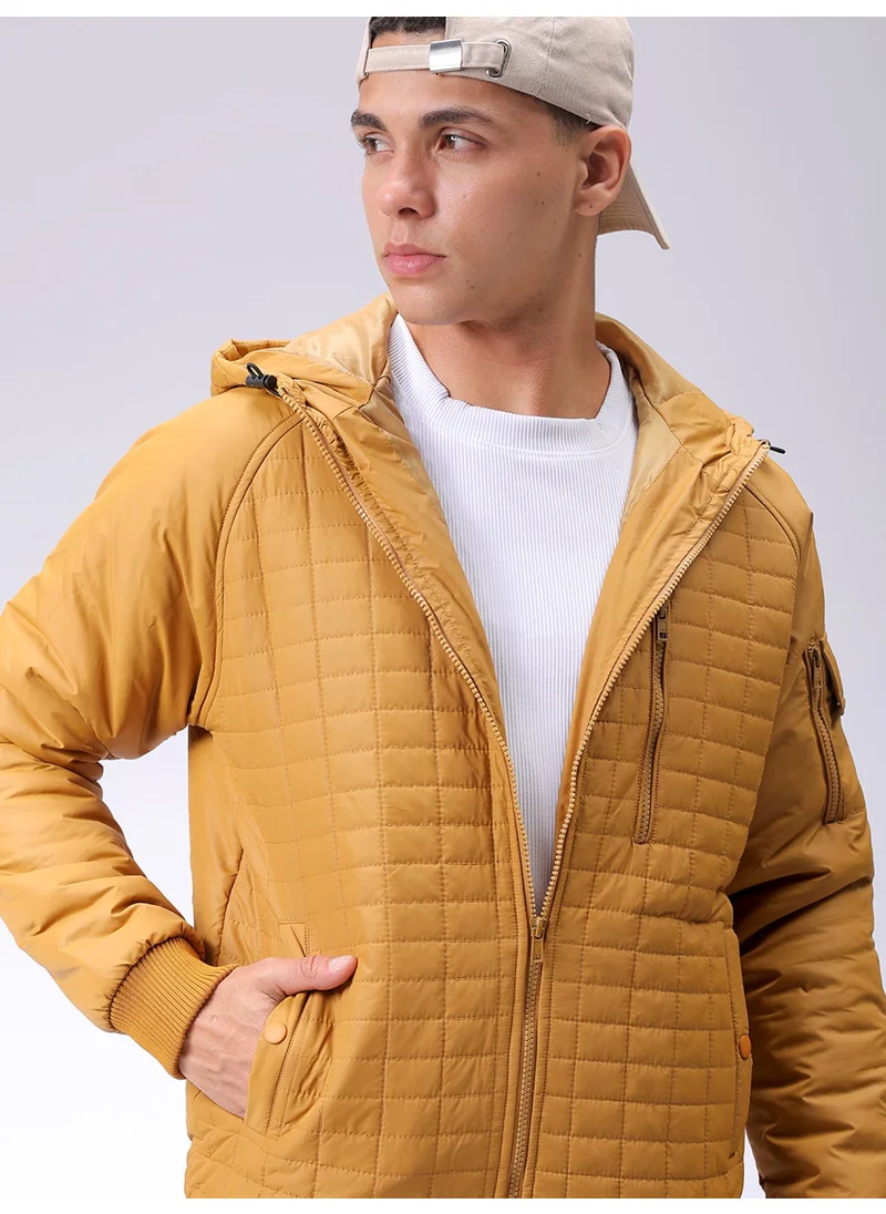 شركة المرآب الهندية Mens Mustard Yellow Slim Fit Quilted Hooded Zipper Placket Side Pocket Winter Jacket