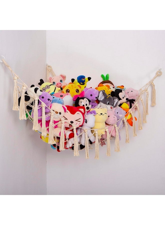 YKBU Stuffed Animals Hammock Corner Hanging Net with Wooden Beads Macrame Stuffed Animal Storage Ideas Plush Holder Toy Organizer for Boho Nursery Playroom Bedroom Kids Room Decor (cream, X-Large) - Image 1