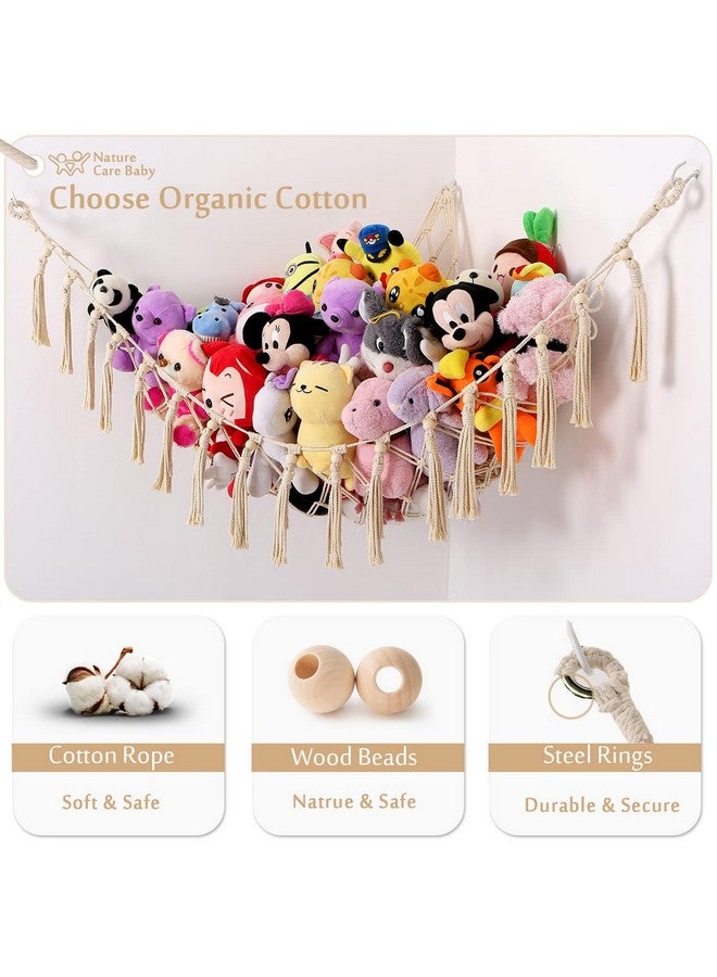 YKBU Stuffed Animals Hammock Corner Hanging Net with Wooden Beads Macrame Stuffed Animal Storage Ideas Plush Holder Toy Organizer for Boho Nursery Playroom Bedroom Kids Room Decor (cream, X-Large) - Image 2