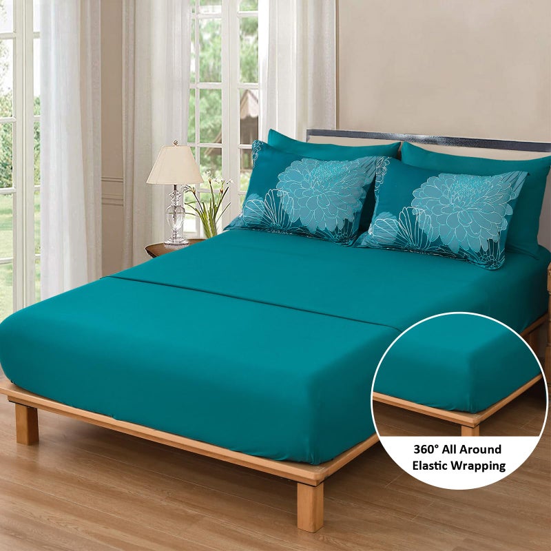 Yiran Teal Floral Comforter Set King 7 Pieces Bed In A Bag Soft Microfiber Bedding Set With 1 Comforter 1 Flat Sheet 1 Fitted Sheet 2 Pillowshams And 2 Pillowcases 104''X90'' - Image 4