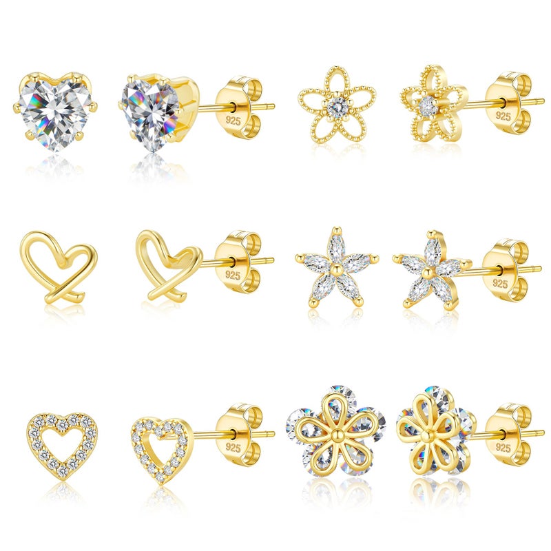 ALEXCRAFT Small Gold Stud Earrings 6 Pairs Cute Stud Earrings for Women Cubic Zirconia Earring Studs 14k Gold Plated Heart Earing for Women Hypoallergenic Pack - Image 1