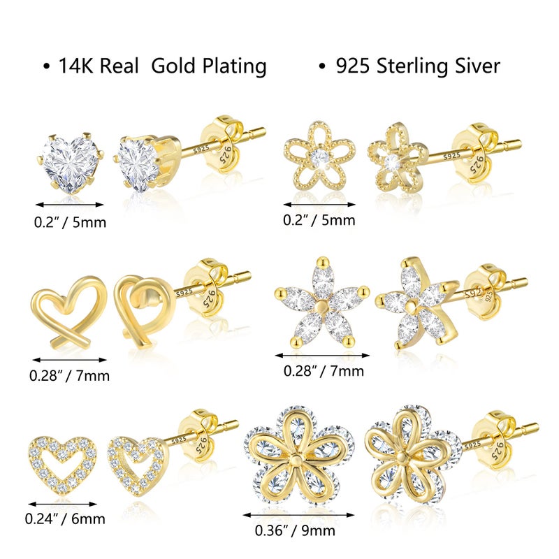 ALEXCRAFT Small Gold Stud Earrings 6 Pairs Cute Stud Earrings for Women Cubic Zirconia Earring Studs 14k Gold Plated Heart Earing for Women Hypoallergenic Pack - Image 4