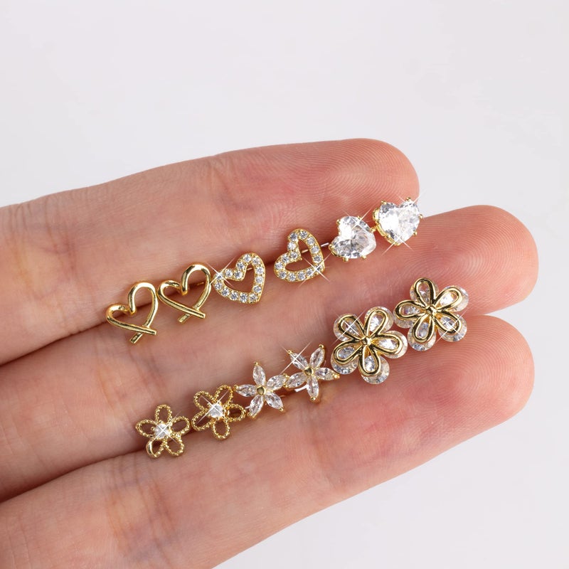 ALEXCRAFT Small Gold Stud Earrings 6 Pairs Cute Stud Earrings for Women Cubic Zirconia Earring Studs 14k Gold Plated Heart Earing for Women Hypoallergenic Pack - Image 5