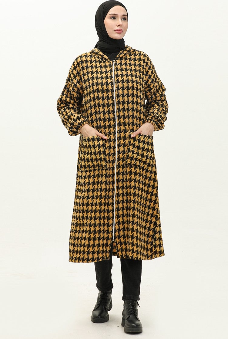 Sefa Merve Houndstooth Patterned Zippered Coat 0178-01 Mustard - Image 1