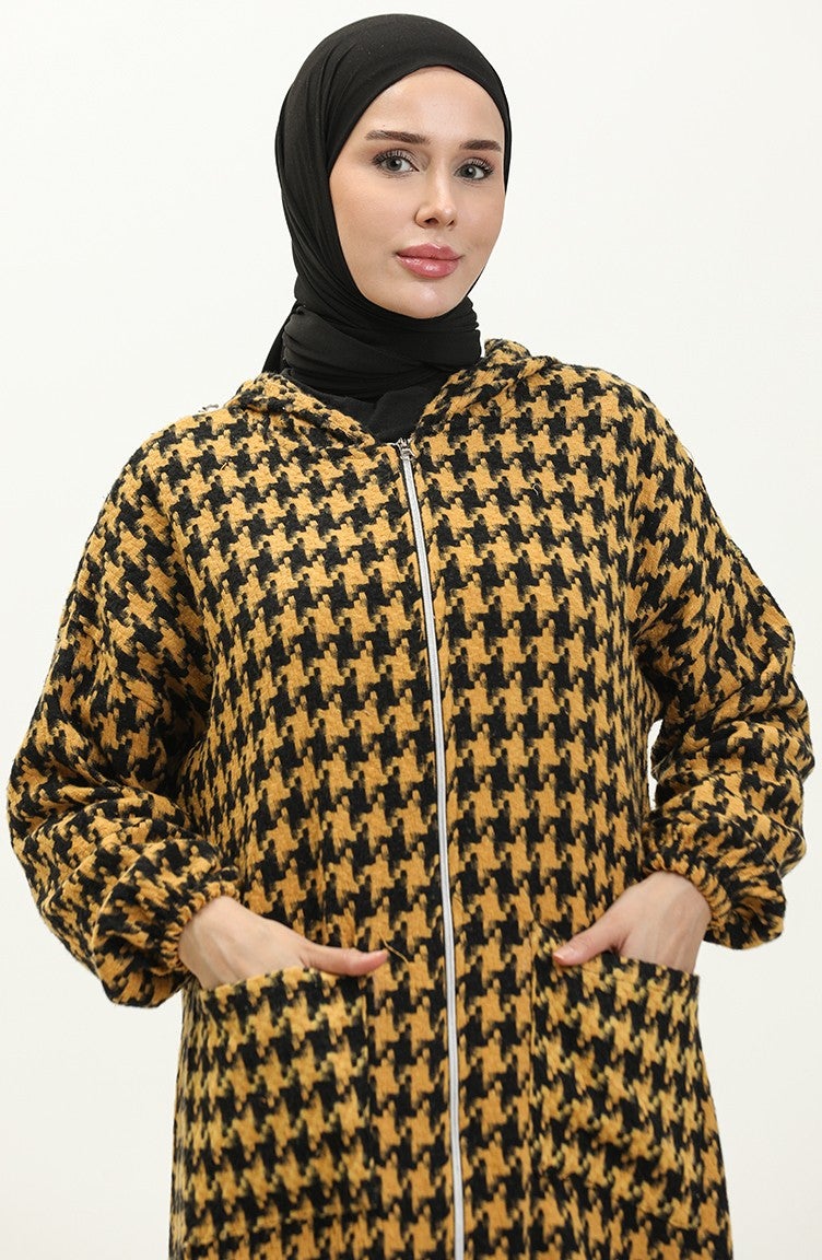 Sefa Merve Houndstooth Patterned Zippered Coat 0178-01 Mustard - Image 3
