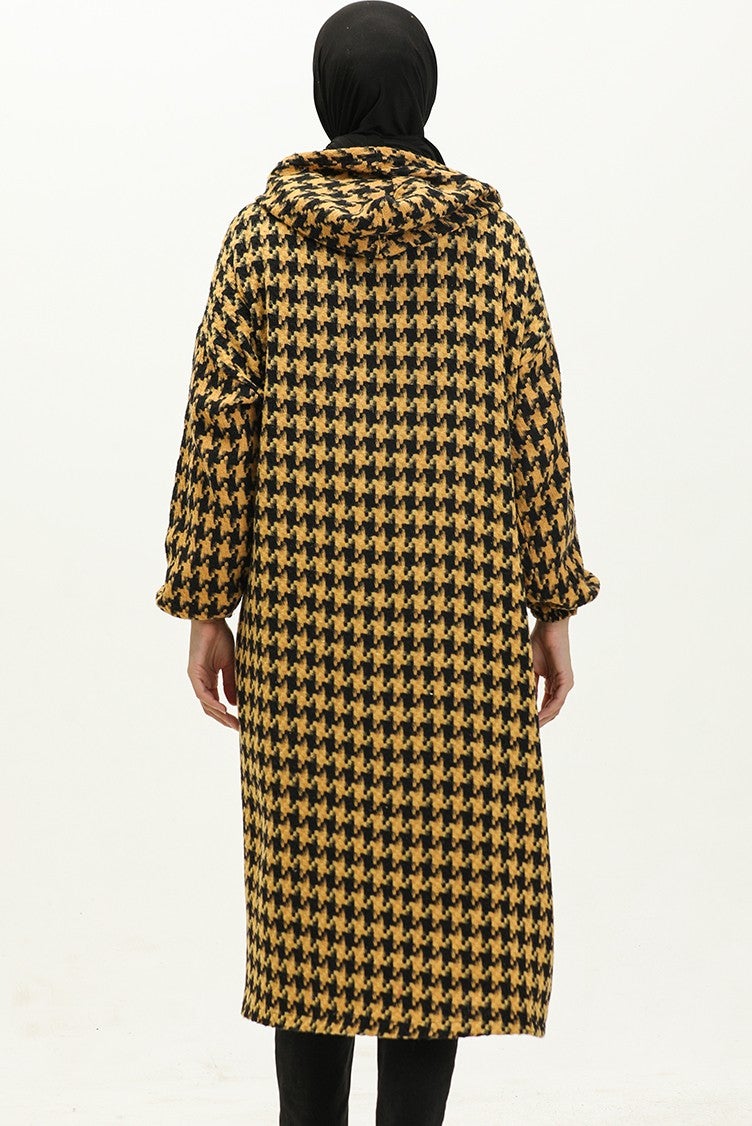 Sefa Merve Houndstooth Patterned Zippered Coat 0178-01 Mustard - Image 5
