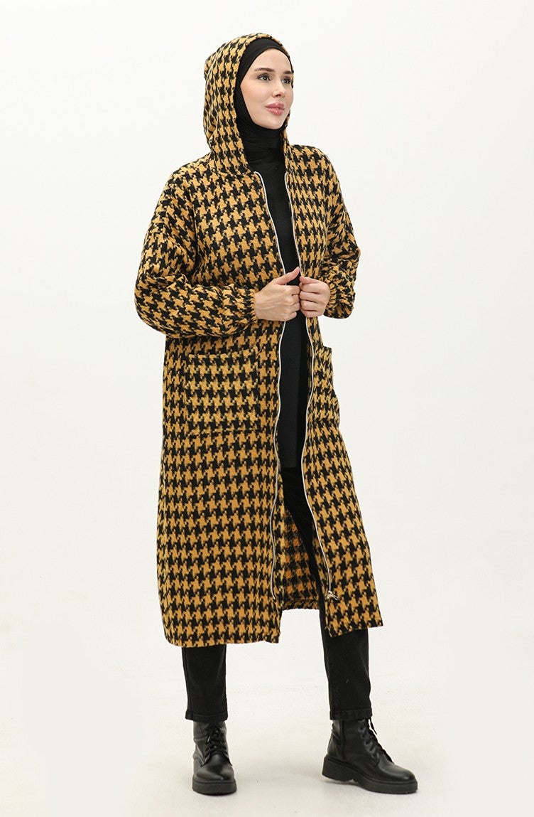 Sefa Merve Houndstooth Patterned Zippered Coat 0178-01 Mustard - Image 2