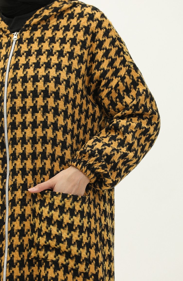 Sefa Merve Houndstooth Patterned Zippered Coat 0178-01 Mustard - Image 4