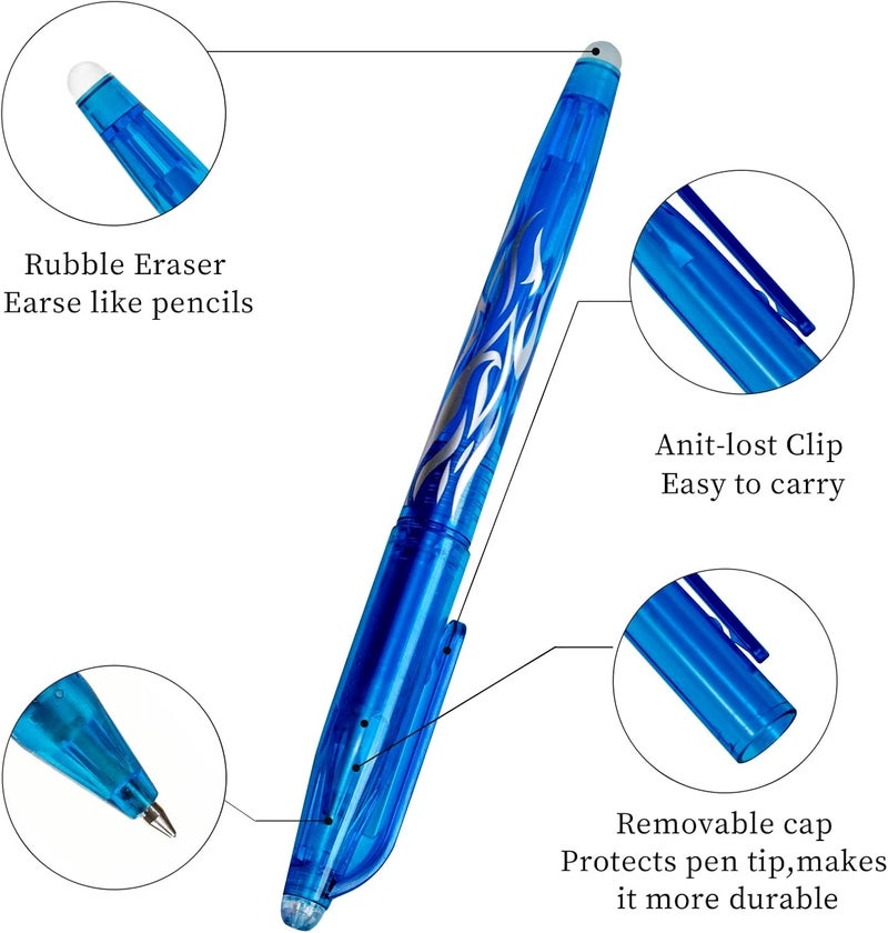 RIANCY Blue Erasable Gel Pens Fine Point Pen Erasable Gel Ink Pen 0.5mm, Rolling Ball Pens with Eraser,Blue Erasable Pens for Adults Kids Students School Office Stationary Supplies Gifts 8PCS - Image 2