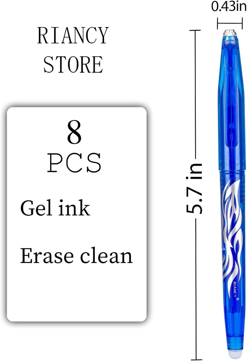 RIANCY Blue Erasable Gel Pens Fine Point Pen Erasable Gel Ink Pen 0.5mm, Rolling Ball Pens with Eraser,Blue Erasable Pens for Adults Kids Students School Office Stationary Supplies Gifts 8PCS - Image 3