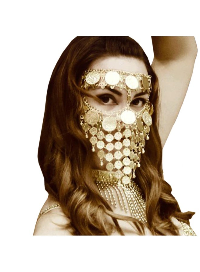 Belly Dance Face Veil with Gold Coins and Bells, Adjustable Chain, Gold-Tone Costume Accessory - Image 3