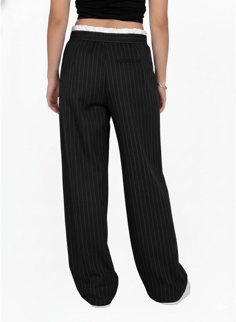 Women’s Black Pinstripe Wide-Leg Pants with Drawstring Waist - Image 2