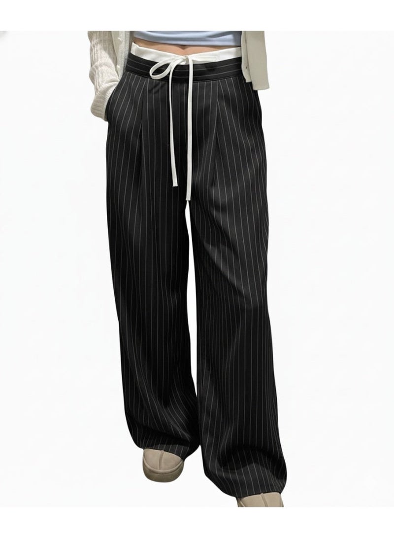 Women’s Black Pinstripe Wide-Leg Pants with Drawstring Waist - Image 4