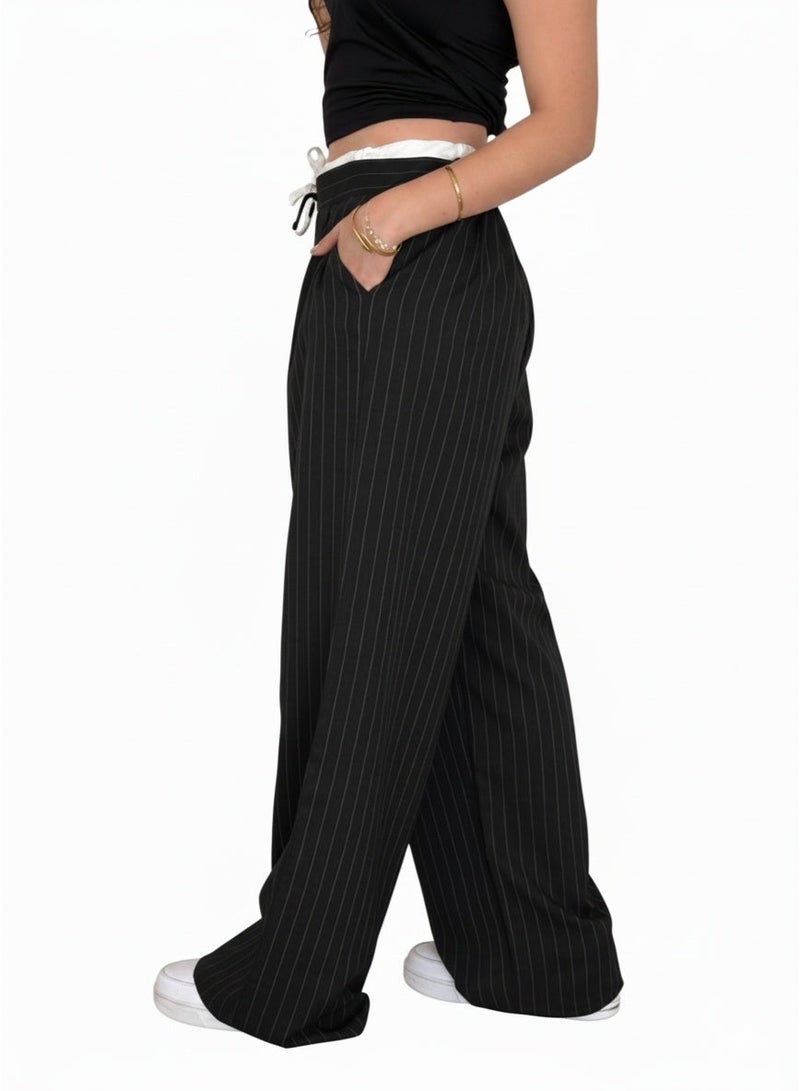 Women’s Black Pinstripe Wide-Leg Pants with Drawstring Waist - Image 3