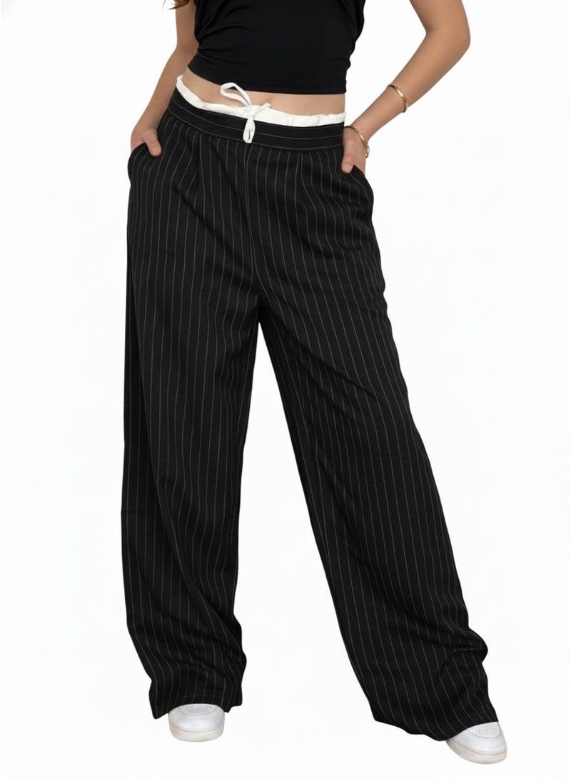 Women’s Black Pinstripe Wide-Leg Pants with Drawstring Waist - Image 1
