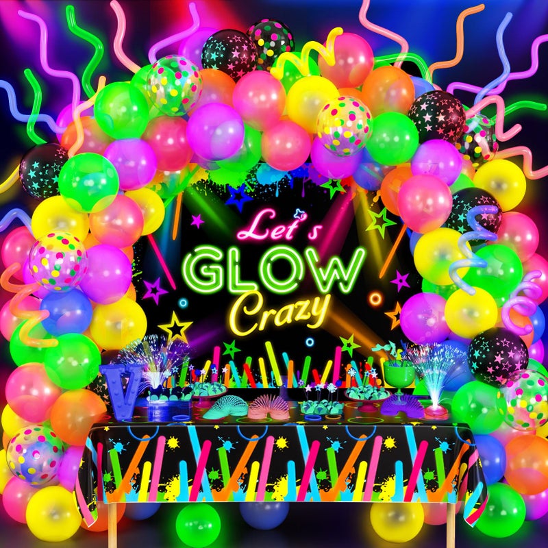 SNLN 161Pcs Neon Party Decorations Glow in the Dark Birthday Supplies Neon Balloon Arch Kit & Backdrop Tablecloth UV Blacklight Luminous Glow Balloons Kids Teen Adult Rainbow 80s 90s Disco Party Decor - Image 1