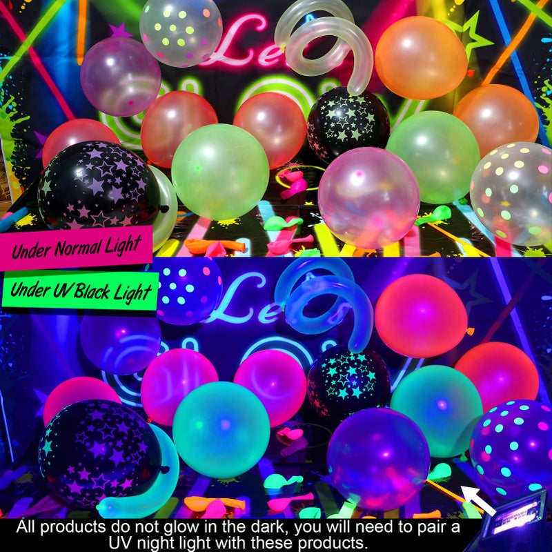 SNLN 161Pcs Neon Party Decorations Glow in the Dark Birthday Supplies Neon Balloon Arch Kit & Backdrop Tablecloth UV Blacklight Luminous Glow Balloons Kids Teen Adult Rainbow 80s 90s Disco Party Decor - Image 5