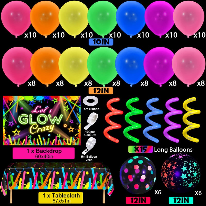 SNLN 161Pcs Neon Party Decorations Glow in the Dark Birthday Supplies Neon Balloon Arch Kit & Backdrop Tablecloth UV Blacklight Luminous Glow Balloons Kids Teen Adult Rainbow 80s 90s Disco Party Decor - Image 2