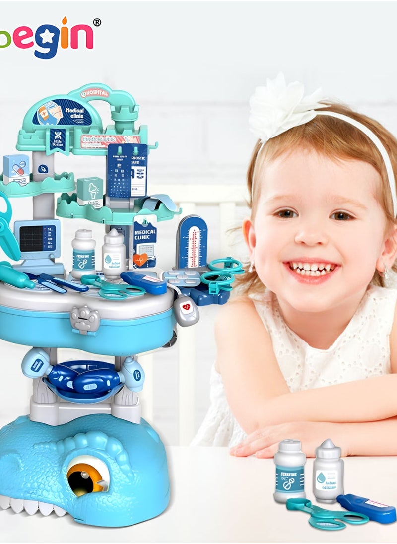 MEBEGIN 45 Pcs Dinosaur-shaped Medical Playset with Trolley Case and Bag, 3 in 1 Medical-themed Pretend Toy, Simulation Play Doctor Toys Set with Various Accessaries, Creative Safety Play House Toys, Ideal Gift for Kids Aged 3+  - Image 1