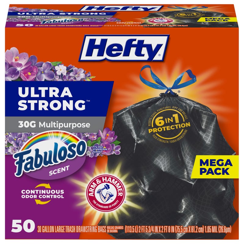 Hefty Ultra Strong 30 Gallon Trash Bags, Large Trash Bags 30 Gallon Size, Multipurpose, Break Resistant Drawstring Closure, Resists Leaks, Punctures, and Tears, Black, Fabuloso Scent, 50 Bags - Image 1