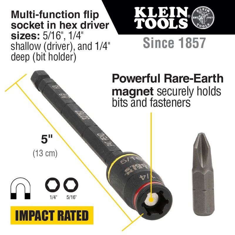 Klein Tools 32767 Impact Driver, SAE 3-in-1 Impact Socket and Bit Holder, Flip Socket with 1/4-Inch and 5/16-Inch Hex Drivers, 5-Inch Length - Image 2