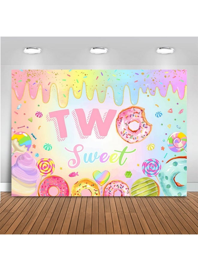 Mocsicka Donut Two Sweet Birthday Backdrop Sweet Candy Second Birthday Party Decorations Background Cake Table Banner Happy 2Nd Birthday Party Supplies (7X5Ft (82X60 Inch))  - Image 1