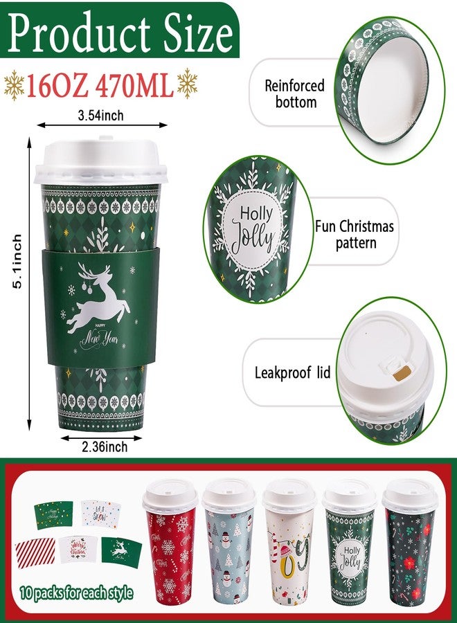 Bapmnicc 50 Pack Christmas Disposable Coffee Cups with Lids & Sleeves, To Go Coffee Cups 16 oz, Holiday Paper Cups for Hot Cocoa, Hot Chocolate, Drinks Supplies, Xmas Dinner Party - Image 3