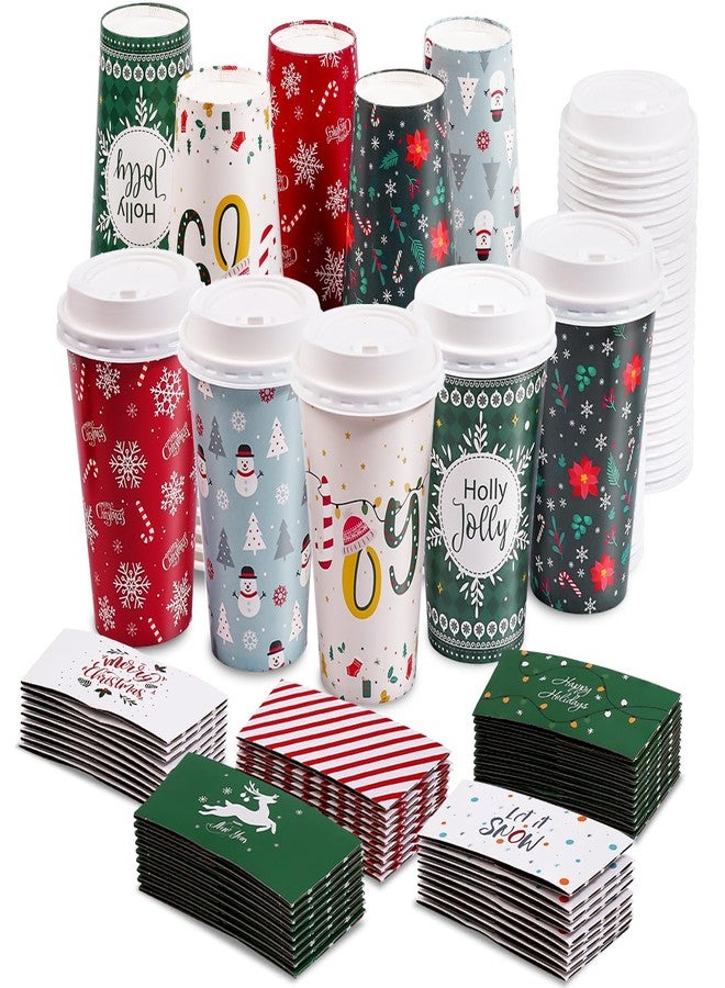 Bapmnicc 50 Pack Christmas Disposable Coffee Cups with Lids & Sleeves, To Go Coffee Cups 16 oz, Holiday Paper Cups for Hot Cocoa, Hot Chocolate, Drinks Supplies, Xmas Dinner Party - Image 1