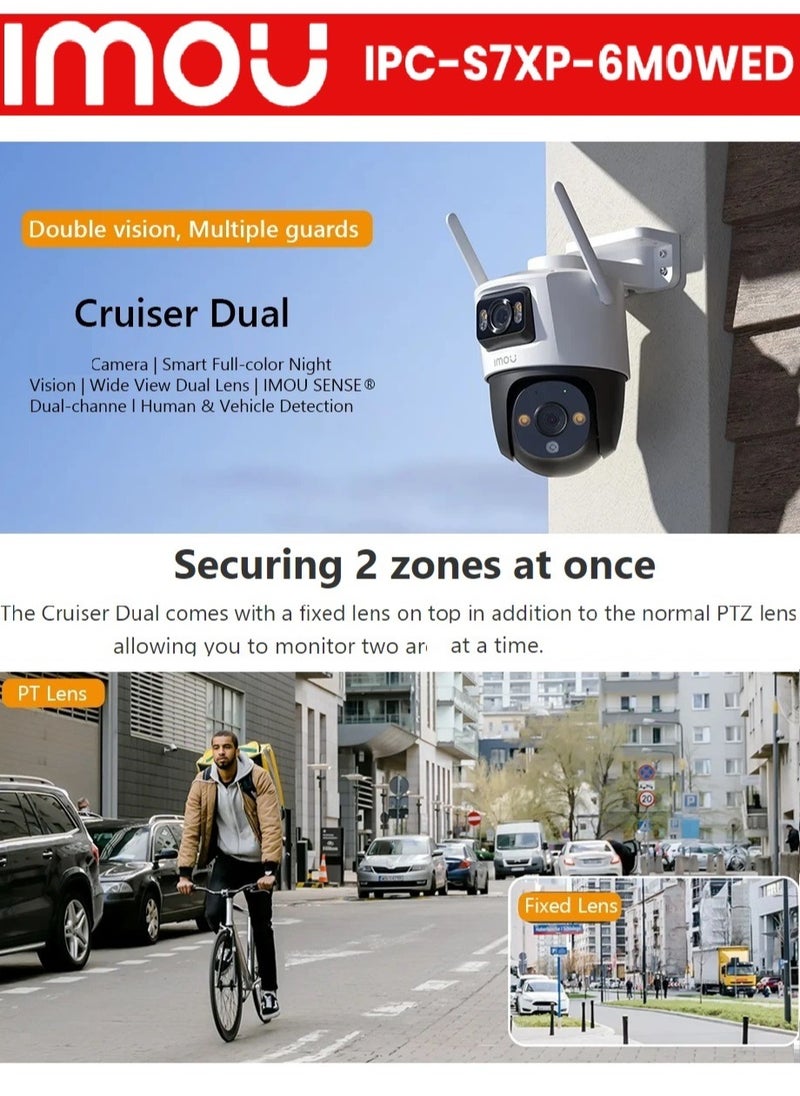 IMOU - Cruiser Dual Lens 6MP 3K Outdoor WiFi Surveillance Camera, Resolution (3MP fixed lens and 3MP PT lens), Color Night Vision up to 30m, AI Person/Vehicle Detection, Automatic PT Tracking, Two-Way Audio, IP66 (IPC-S7XEN-6M0WED) - Image 1