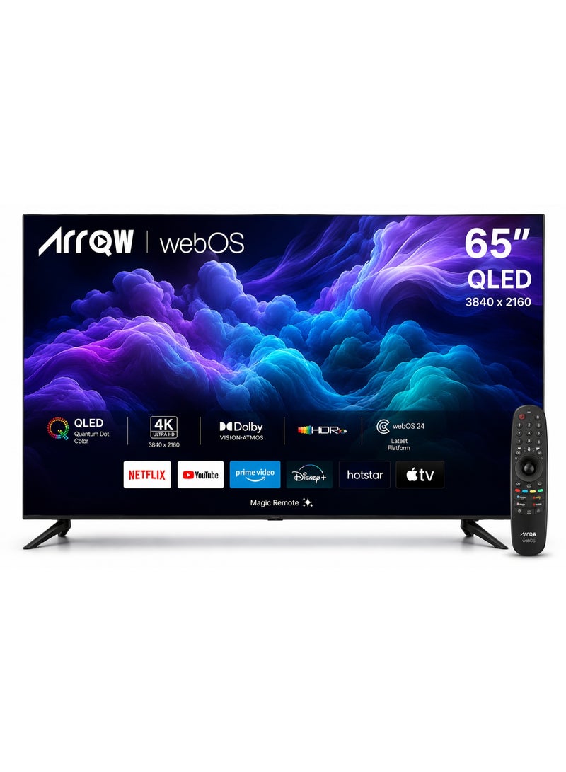 ARRQW 65 Inch 4K UHD QLED Smart TV with WEBOS, Ultra HD Display, Built-in WiFi, Dolby Audio, Multiple Connectivity Ports, Frameless Design, Black | RO-65LPWQ