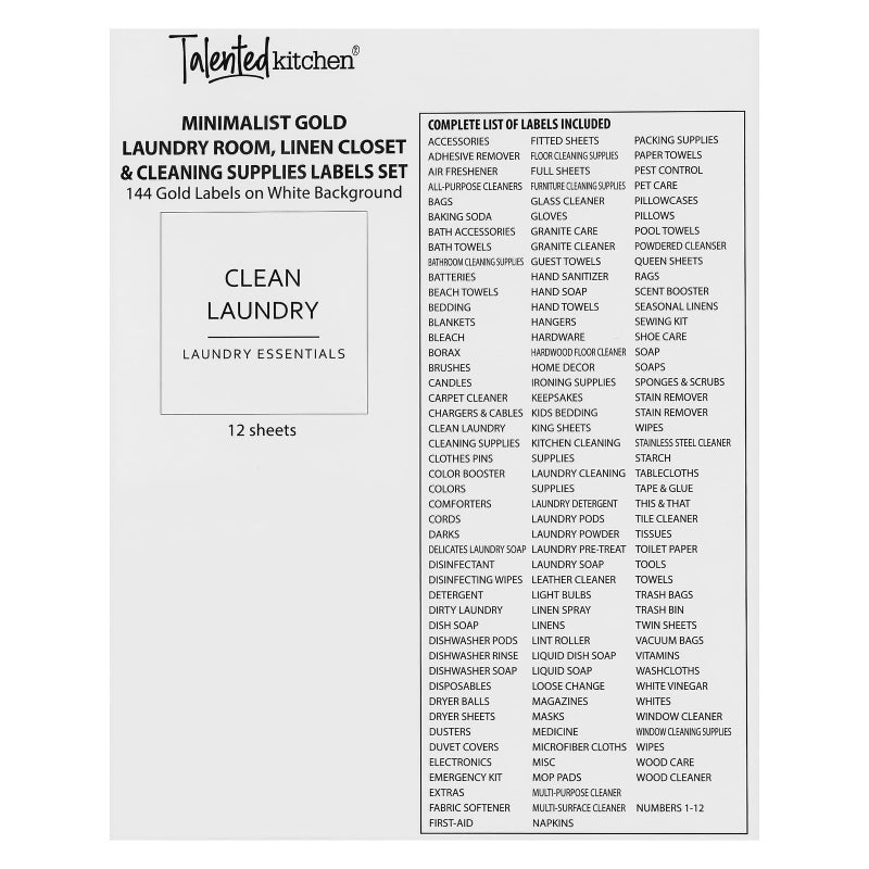 Talented Kitchen Laundry Label Set - Waterproof Gold Cleaning Labels - Space-Saving Laundry Room Organization - Pack of 144, 2.5" Square, Gold on White Matte - Image 4