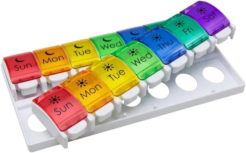 Ezy Dose EZY DOSE Weekly (7-Day) Pill Case, Medicine Planner, Vitamin Organizer, 2 Times a Day AM/PM, Removeabale Trays, Large Push Button Compartments, Easy to Use, Arthritis Friendly, Rainbow Lids, BPA Free 